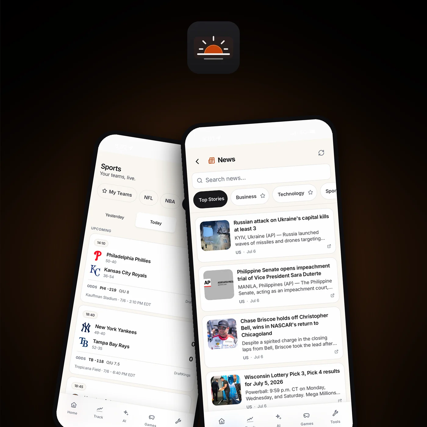 My Daily Tool app: the sunrise app icon above two real iPhone screenshots, live sports and the news feed.