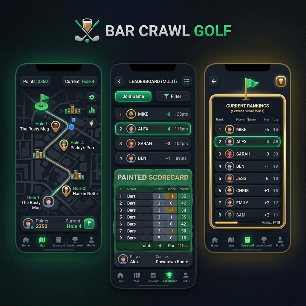 Bar Crawl Golf: vintage parchment poster reading 'Back on the App Store. Your Crawl. Your Rules.'