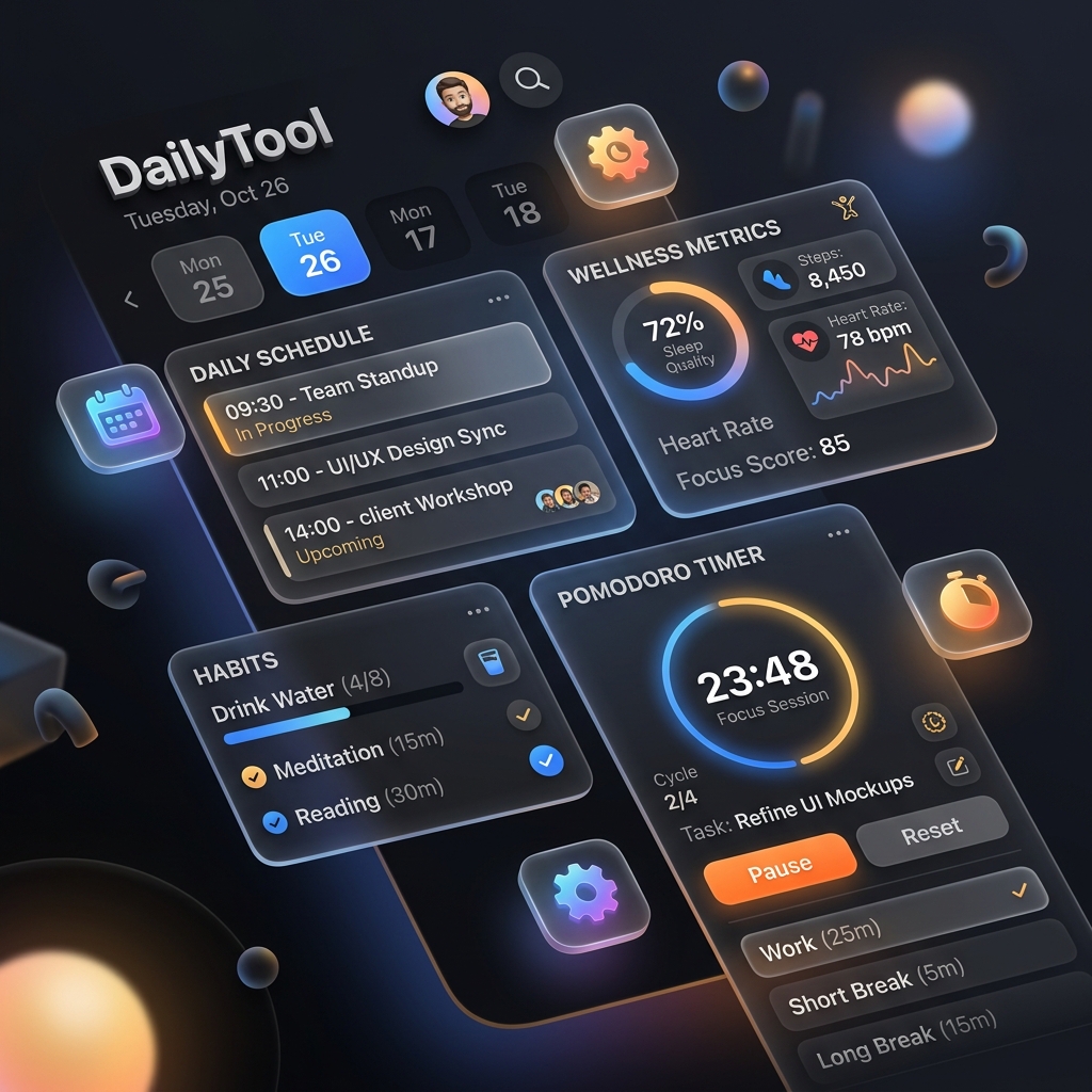 My Daily Tool: 'Open the app. See your day.' Weather, agenda, habits, calories on one screen.