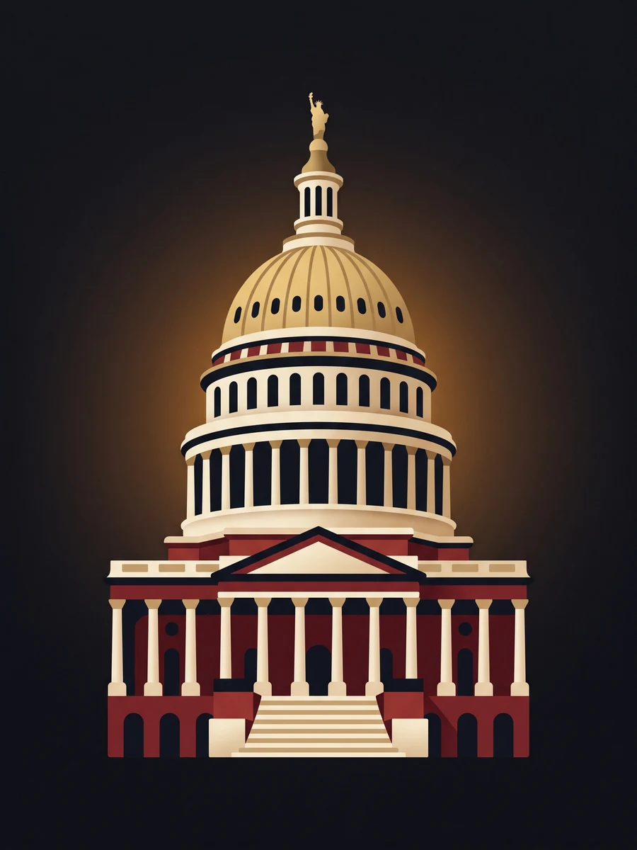 The United States Capitol at dusk, illustrated in oxblood and bone