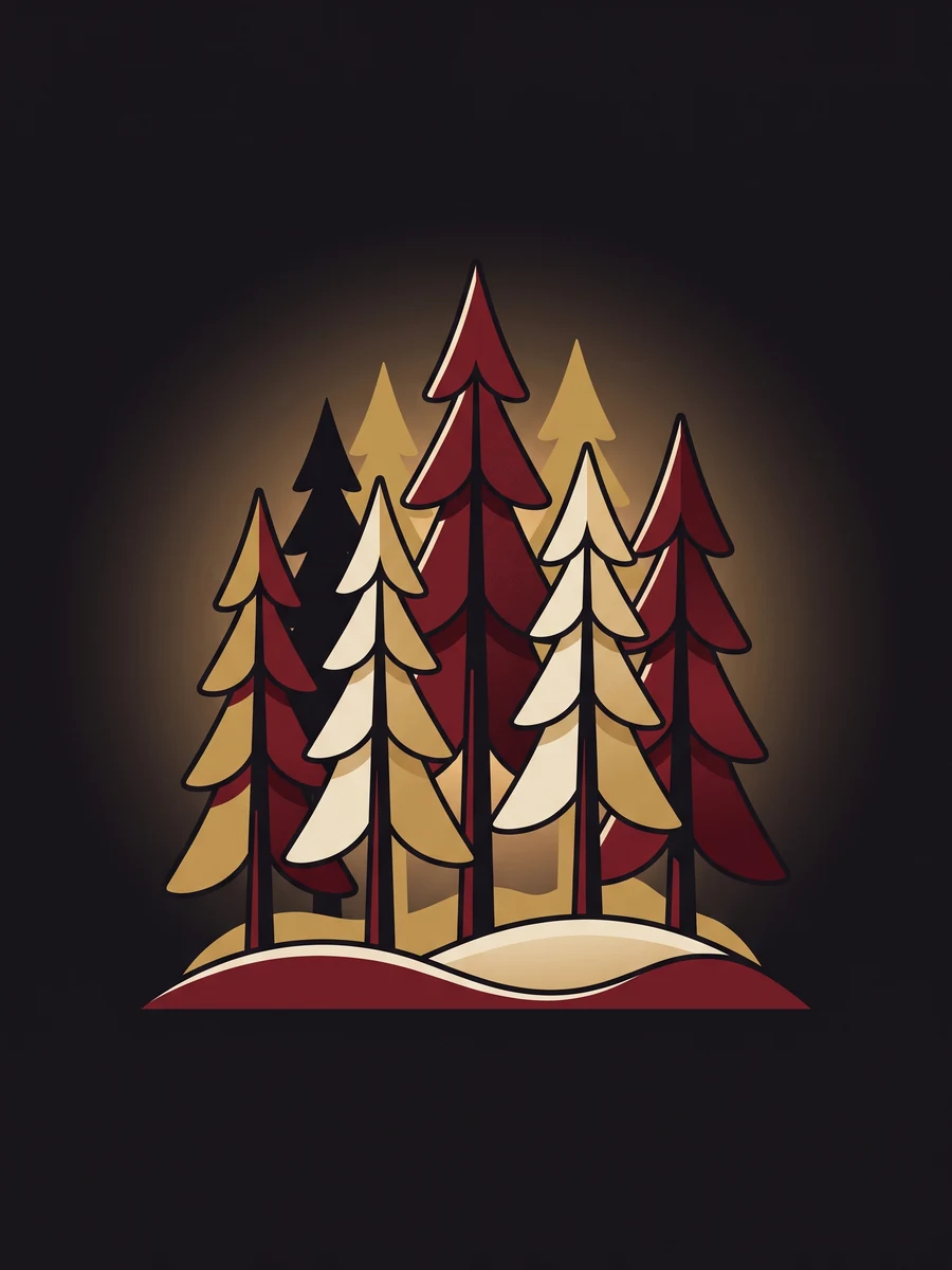 A Southern pine stand at dusk, illustrated in oxblood and bone