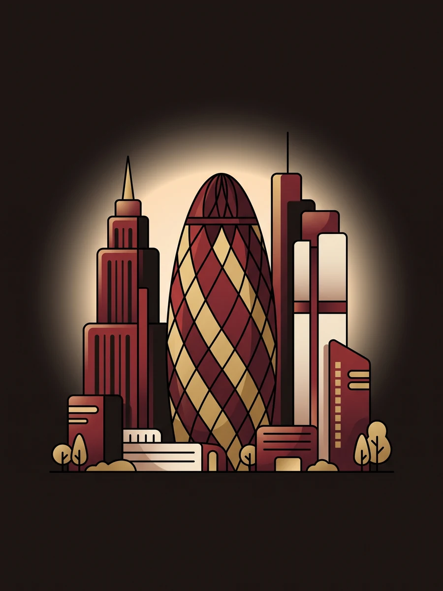 The City of London skyline at dusk, illustrated in oxblood and bone