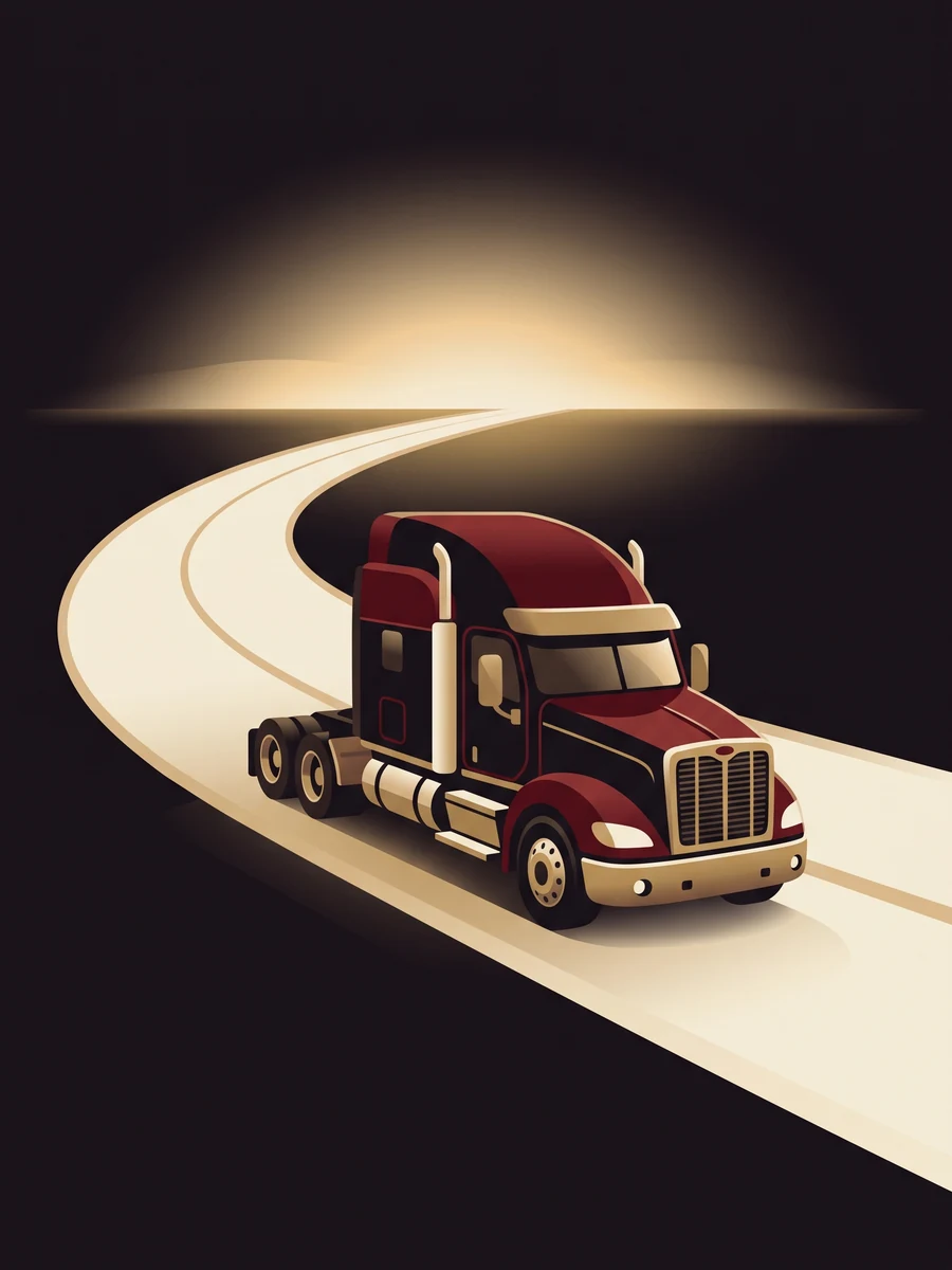 A commercial truck on a Southern pine highway at golden hour, illustrated in oxblood and bone